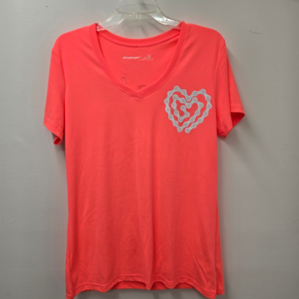 Nishiki Womens V-Neck Cycling T-Shirt Neon Coral Ride A Bike Heart Graphic LG